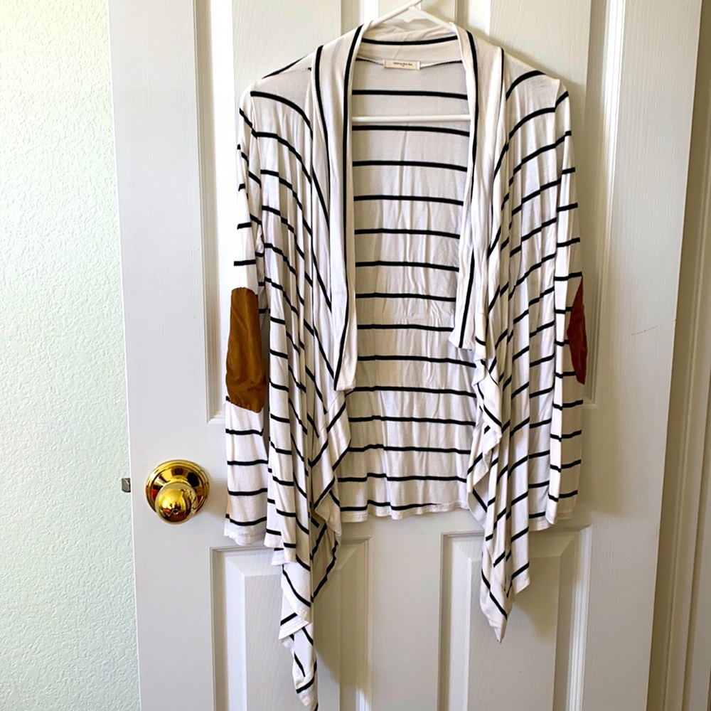 Striped cardigan with brown elbow patches.